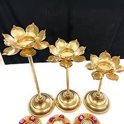 AGAAS ENTERPRISES Metal Lotus Tealight/T-Light Candle Holder Candle Stand Set Of 3 Home Decor Festive Decor Diwali Diya Stand Home/Office Decoration Gift Item_Metal Colour, Gold-picture-17