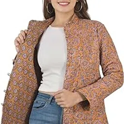 qashida Women’s Cotton Hand Block Printed Quilted Reversible Jacket, Full Sleeves, Stylish & Comfortable, Mustard Yellow, White-picture-29