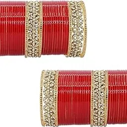 lavazza Designer Pearls & AD Diamond Chuda Set For Bridal Women and Girls | Chuda Set Red For Wedding| Plastic Chura | Punjabi Dulhan Chooda | Women's Bangles| Red Chooda Set image 1