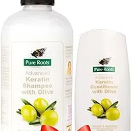 Pure Roots Advanced 300ML Keratin Shampoo with Olive & 100 ML Keratin Conditioner Combo for Softens Dry Uncurly Hair, Strenghens & Smoothness for Women image 1