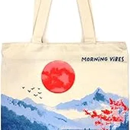 Morning Vibes Canvas Tote Bag with Japanese Landscape Print, Zipper Closure, 38 x 42 x 10 cm, Natural-picture-16