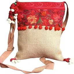Pink Petals Stylish Dobby Jute Sling Crossbody Bag for Girls Women | 3 Compartments with Zipper & an Adjustable Strap | Kashmiri Ari Embroidery Sling Bag with decorative cowrie | 11X8.5 Inches-picture-18