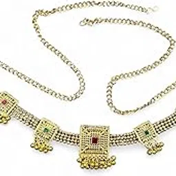 antique jewellery Traditional Gold-Plated Waist Chain Kamarbandh, Square Motifs with Ruby Green Stones, 68 cm Length-picture-41