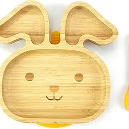 StarKiddo® Bamboo Bunny Suction Plate with Feeding Spoon | 3 Sections | Non-Toxic | Super Strong Suction Cup| Eco-Friendly | Ideal for Baby-Led Weaning & Toddler Self-Feeding | BPA Free (Yellow)-picture-14