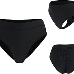 bestselling Women Vintage High Waist Bikini Bottoms Brazilian Ruched Cut Tankini Panites, Black, X-Large-image-1