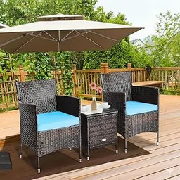 LOCCUS 3 Piece Rattan Wicker Waterproof Bistro Set with Glass Top Center Table for Garden, Lawn, Balcony, Terrace, Poolside, Indoor, Outdoor Patio Furniture (Dark Brown & Sky-Blue)-image-20