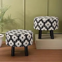 LUSHLIN S2 14'' Black & White Geometrical Jacquard Ottoman | Premium Upholstered Round Pouffe for Living Room, Bedroom & Office | Stylish Footrest, Side Stool & Extra Seating Furniture-image-83