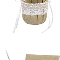 Bnf® RUSTIC Burlap Jute Lace Wedding Ceremony 2 Flower Girl Baskets & Guest Book Pen|Ring Pillows & Flower Baskets| Ring Pillows & Flower Baskets-image-39