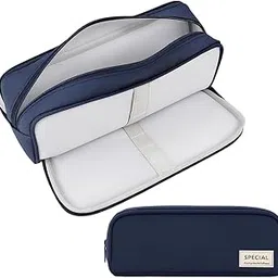Lyrovo Large Capacity Aesthetic Pencil Pouch with Multiple Compartments | Waterproof Zipper Pen Case for Students, Office & Artists | Stationery Organizer Bag (Navy Blue) image 1