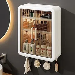 Delove Plastic Self-Adhesive No-Drill Bathroom Shelf & Storage Cabinet with Magic Stickers, Organiser for Bathroom, Essentials, Makeup, Skincare, Wall-Mounted Multi-Purpose Storage Cabinet (White)-picture-14
