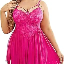 Beautiful Creations Womens Plus Size Lace Floral Knee Length Babydoll Nightwear Set with G-String Panty-picture-51
