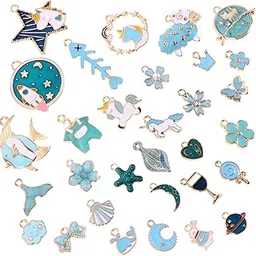 HEALLILY 1 Set 31Pcs Diy Enamel Charm Flower Fish Shell Moon Star Pendant Diy For Necklace Bracelet Jewelry Making And Crafting Charms - Blue image 1