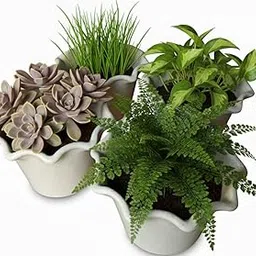 Decorative Marble White Planter Set with Ruffled Rim, 19 cm x 12 cm, Indoor Outdoor Use, 4-Pack (Medium) image 1