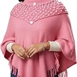 Women's Pink Knitted Poncho with Pearl Embellishments, Fringe Trim-picture-26