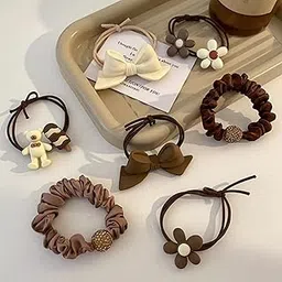 Giggles Boo | 7 Pcs Cute Hair Rubber Bands & Scrunchies Set – Brown & Cream Elastic Hair Ties with Bow, Flower, Teddy & Ice Cream Charms for Girls & Women-picture-44