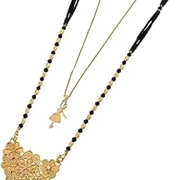 malkyn Women's Exquisite Gold-Plated Long Mangalsutra with Floral Filigree Pendant and Layered Black Beaded Chain, Paired with a Dainty Adjustable Gold-Tone Charm Necklace-MD-106-picture-27