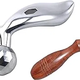 AB CRAFT 3D Manual Solar Powered Roller Face Body Massager Skin Lifting Wrinkle Remover Facial Massage For Relaxation and Tightening (Silver) & Free Wooden Face Massage (Set of 2) image 1