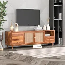 OCTANGLE Solid Sheesham Wood Tv Unit for Living Room with Rattan Dishplay - Free Standing Multipurpose Media Console Tv Cabinet Sideboard - Tv Table Fully Storage (Teak Finish)-picture-20