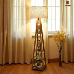 SolidGrain "Wooden Table Lamp with Built-in Shelves – Modern Rustic Nightstand Light | Wooden Lamp with Storage Shelves – Multifunctional LED Table Lamp (Jute Brown)-image-3