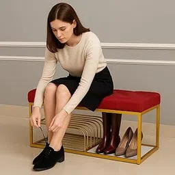 Skafa Metal End of Bed Bench-Upholstered Entry Shoe Storage with Nailhead Trim,Black Mental Frame Ottoman Bench for Bedroom Entry Window Mudroom Living Room (Red) image 1