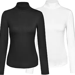 kindcall KLOTHO Women’s Slim Fitted Mock Turtleneck Tops Long Sleeve Lightweight Base Layer Shirts Black/White 2Pack Medium-picture-35