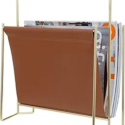 MyGift Modern Brass Plated Metal Wire and Caramel Leatherette Sling Freestanding Magazine Holder Rack-picture-18
