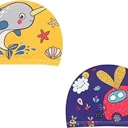 El Regalo 2 PCs Swim Cap Kids/Toddlers, Comfortable Breathable Polyester Fabric Swimming Caps Cute Cartoon Dolphin, Shark, Owl, Mermaid Fairy, Unicorn, Giraffe Swim Caps (Yellow Dolphin & Car)-picture-16