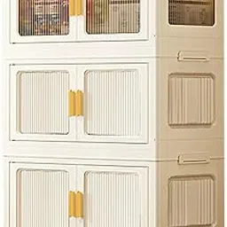 House of Quirk 3 Layer Storage Box Cabinet Wardrobe with Wheels – Durable Plastic Foldable Closet Organizer for Clothes, Bags, and Living Room Storage (45cm, Cream)-image-92