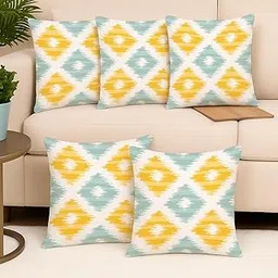 STITCHNEST Set of 5 Polycotton Cushion Covers – 16x16 Inches – Yellow & Teal Ikat Geometric Print – Stylish Cushion Covers for Sofa & Living Room Decor-picture-47
