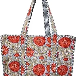 doraya Cotton Printed Tote Bag,Hand Bag Multicolor Quilted Hand Block Floral Printed Women's Carry Bag Shoulder Shopping Tote Bags 18x5.5x16 Inch-picture-53