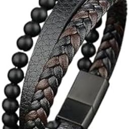 meenaz Bracelet for Men Black Leather Bracelet for boys Magnetic-Clasp Leather Mens Beads Bracelet Evil eye Bracelets for Men Stylish Combo Silver Stainless Steel Birthday Gift Anniversary Husband 665-picture-11