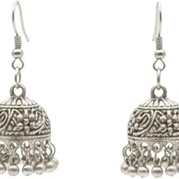 Traditional Oxidized Silver Jhumka Earrings, Antique Tribal Design, Dome Shaped Drop Earrings with Intricate Floral Pattern, Small Hanging Bells-picture-30
