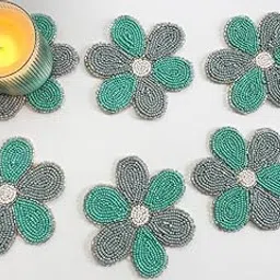 Made for You Beaded Round Coasters Table Mats (Size-4 Inch, Set 6, Green & Grey) |Perfect Dining Table Hot Pots, Cocktails, Drinks, Tea & Coffee |Coaster Stand Food Heating Mat|Home Coster Accessories-picture-22