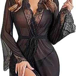 klovvy Women's Sheer Lace Trim Robe, Long Bell Sleeve, Mesh Nightwear with Belt-picture-23