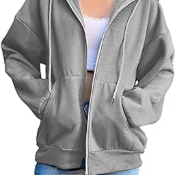 atorse Women's Solid color Cotton Blend Zipper Hoodie Jacket loose Top Grey XL-picture-16