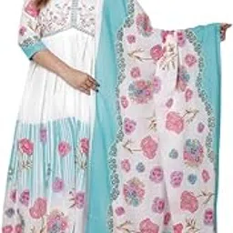 affo Women's Cotton Printed Gown Set | 3 Piece Kurta with Dupatta & Pants | Yoke Embroidery-picture-53
