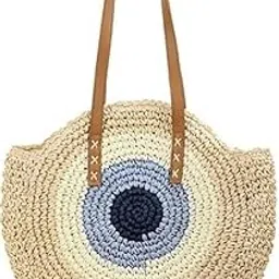 Straw Wicker Handmade Boho Summer Beach Round Shoulder Bag Evil Eye 44.3 x 5.7 x 33.3 Centimeters-picture-10