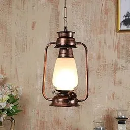 tu casa Milky White Glass Shade with Copper Metal-Iron Base Hanging Lamps Lantern| Modern Pendant Ceiling Lamp for Home, Café, Restaurant, Bar & Office Décor (Height-22 Inch/No Blub Included) image 1