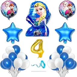 4th Frozen Theme Birthday Decorations Kit Blue White for 4 year Old Baby Boys Girls Kids 5 Pcs Elsa Anna Theme 30 Pcs Metallic Balloons Decoration Set Items 2 Pcs Blue Star-picture-34