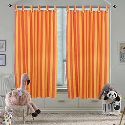 alemah 7 Feet (Height) x 4 Feet (Width) Cotton Striped Button Type Non Blackout Light Filtering Tab Top Door Curtain, Red/Yellow Multi, Pack of 1-image-16