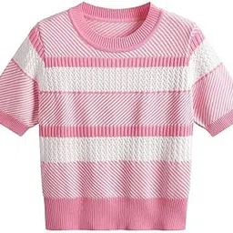 icw Women’s Short Sleeve Striped Knit Top – Casual Round Neck Pullover DN67009 image 1