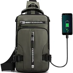 JBB Waterproof Sling Bag Crossbody Backpack for Men Women Multipurpose Waist Pack with USB Charging Port for Hiking Walking Army green, Green, Classic-picture-20