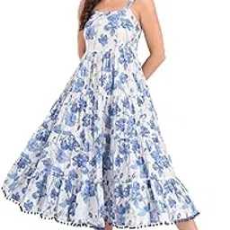 divena Blue Printed Cotton Shoulder Strap Pompom Dress-picture-44