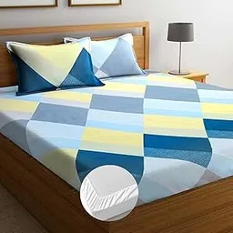 NEW LEAF Premium Cotton Elastic Fitted Bedsheets with 2 King Size Pillow Covers | Double Bed with All Around Elastic 180 TC Supersoft | Size - 72 King Sizex78+10 inches | Blue White Daimond Shape-image-90