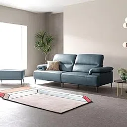Fabrique Bavhaus Leatherette 3 Seater Sturdy Look Sofa Set With Puffy | Premium Standard Luxury | For Living Room Office & Drawing Room | Soft Comfortable & Easy to Move | Stainless Steel Legs | Blue2-image-47