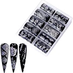 Holographic Nail Art Transfer Foils Set, Black and Silver Geometric Patterns, 10 Designs for Professional Nail Art Decoration image 1