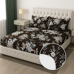 Premium Woolen Warm Fleno King Size Elastic Fitted for Winter Bedsheet for Double Bed with 2 Matching Pillow Covers (Size 72x78 Inch) - Brown image 1