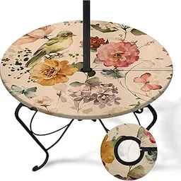 Flowers Birds Round Outdoor Tablecloth With Umbrella Hole, Plaid Fitted Table Cover With Zipper, Outdoor Camping Essentials, Waterproof Umbrella Table Cloth with elastic (45''-54'')-picture-14