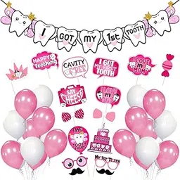 Zyozique I Got My First Tooth Photo Booth Props and I Got My First Tooth Paper Banner With Balloons /First Tooth Decoration/First Tooth Decoration Items for Baby (Pack of 42) Pink-picture-25