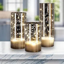 LED Glass Flameless Candles with Fairy String Lights, Real Wax Flame Effect, Battery Operated Pillar Lights for Diwali, Wedding, Home & Party Decoration (Set of 3, Grey) image 1